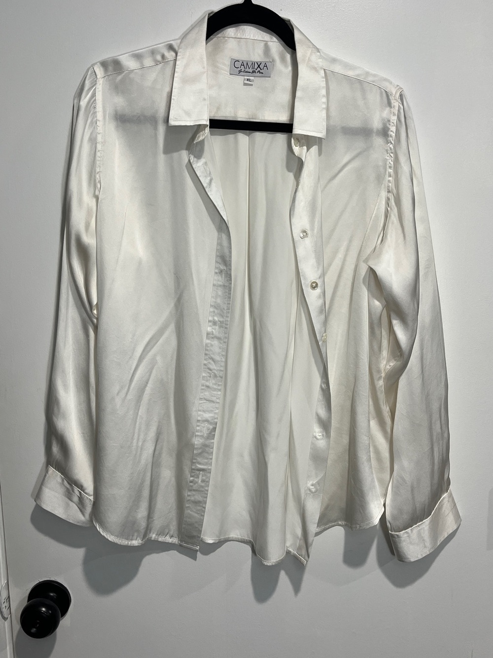 CAMIXA 100% Silk Blouse Ivory White Button Down Long Sleeve XL
